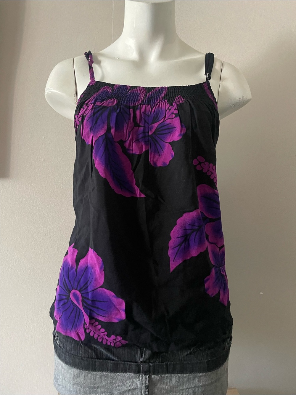 Women's Black Camisole with Vibrant Purple Floral Print
